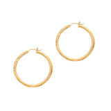 14K Yellow Gold 3x35mm Diamond Cut and Polished Design Hoop Earring