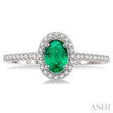 6x4 MM Oval Shape Emerald and 1/5 Ctw Round Cut Diamond Precious Ring in 10K White Gold