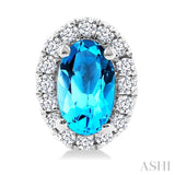5x3 MM Oval Shape Blue Topaz and 1/8 Ctw Round Cut Diamond Halo Semi-Precious Stud Earrings in 14K White Gold