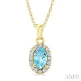5x3 MM Oval Shape Aquamarine and 1/20 Ctw Round Cut Diamond Halo Semi-Precious Pendant with Chain in 10K Yellow Gold