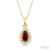 5x3 MM Pear Shape Garnet and 1/20 Ctw Single Cut Diamond Halo Semi-Precious Pendant with Chain in 14K Yellow Gold