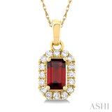 5x3 MM Octagonal Shape Garnet and 1/20 Ctw Single Cut Diamond Halo Semi-Precious Pendant with Chain in 14K Yellow Gold