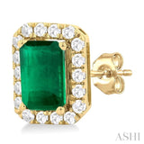 6x4 MM Octagonal Shape Emerald and 1/4 Ctw Round Cut Diamond Halo Precious Stud Earrings in 10K Yellow Gold