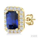 6x4 MM Octagonal Shape Sapphire and 1/4 Ctw Round Cut Diamond Halo Precious Stud Earrings in 14K Yellow Gold