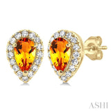 5x3 MM Pear Shape Citrine and 1/8 Ctw Single Cut Diamond Halo Semi-Precious Stud Earrings in 14K Yellow Gold