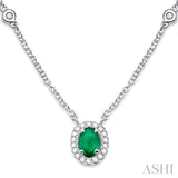 6x4 MM Oval Cut Emerald and 1/6 Ctw Round Cut Diamond Necklace in 14K White Gold