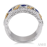 3 MM Diamond cut Round Sapphire and 1/6 Ctw Round Cut Diamond Precious Fashion Band in 14K White and Yellow Gold