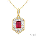 1/2 Ctw Art Deco Hexagon 6X4MM Octagon Shape Ruby, Baguette and Round Cut Diamond Precious Pendant With Chain in 14K Yellow Gold