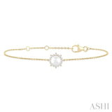 6 MM Round Shape Cultured Pearl and 1/10 Ctw Petite Round Cut Diamond Halo Bracelet in 10K Yellow Gold