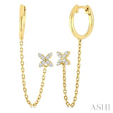 1/10 Ctw Floral Charm Round Cut Diamond Fashion Chain Dangler Hoop Earring in 10K Yellow Gold