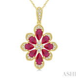 1/6 Ctw Floral Motif 5X3MM & 4X3MM Pear Cut Ruby and Round Cut Diamond Precious Pendant With Chain in 10K Yellow Gold