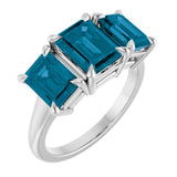 14K White Gold 8x6 mm Emerald Natural London Blue Topaz Three-Stone Ring