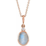 14K Rose Gold 9x7 mm Natural Rainbow Moonstone & .03 CT Natural Diamond 16-18" Necklace