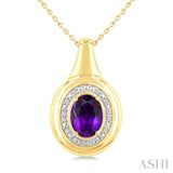 8X6 MM Oval Shape Amethyst and 1/20 Ctw Round Cut Diamond Semi-precious Pendant With Chain in Yellow Gold Vermeil