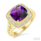 10 MM Cushion Shape Amethyst and 1/20 Ctw Round Cut Diamond Semi-Precious Ring in Yellow Gold Vermeil