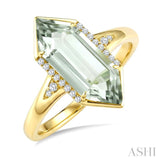 16X6 MM Evoque Gemstone Hexagon Shape Green Amethyst and 1/10 Ctw Round Cut Diamond Semi-Precious Ring in 10K Yellow Gold