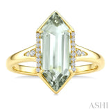 16X6 MM Evoque Gemstone Hexagon Shape Green Amethyst and 1/10 Ctw Round Cut Diamond Semi-Precious Ring in 10K Yellow Gold