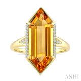 22X8 MM Evoque Gemstone Hexagon Shape Citrine and 1/10 Ctw Round Cut Diamond Semi-Precious Ring in 14K Yellow Gold