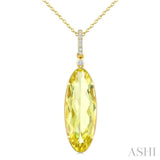 22X8 MM Evoque Gemstones Oval Shape Lemon Quartz and 1/20 Ctw Round Cut Diamond Semi-Precious Pendant With Chain in 14K Yellow Gold
