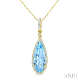 16X6 MM Evoque Gemstones Pear Shape Blue Topaz and 1/5 Ctw Round Cut Diamond Semi-Precious Pendant With Chain in 10K Yellow Gold