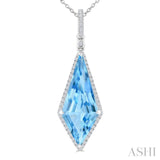 22X9 MM Evoque Gemstones Kite Shape Blue Topaz and 1/4 Ctw Round Cut Diamond Semi-Precious Pendant With Chain in 14K White Gold