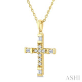 1/20 Ctw Baguette and Round Cut Diamond Cross Shape Fashion Pendant With Chain in 10K Yellow Gold