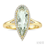 16X6 MM Evoque Gemstone Pear Shape Green Amethyst and 1/6 Ctw Round Cut Diamond Semi-Precious Ring in 10K Yellow Gold