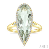 22X8 MM Evoque Gemstone Pear Shape Green Amethyst and 1/5 Ctw Round Cut Diamond Semi-Precious Ring in 14K Yellow Gold