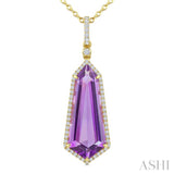 22X9 MM Evoque Gemstones Shield Shape Amethyst and 1/4 Ctw Round Cut Diamond Semi-Precious Pendant With Chain in 14K Yellow Gold
