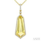 22X9 MM Evoque Gemstones Shield Shape Lemon Quartz and 1/4 Ctw Round Cut Diamond Semi-Precious Pendant With Chain in 14K Yellow Gold