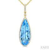 22X8 MM Evoque Gemstones Pear Shape Blue Topaz and 1/4 Ctw Round Cut Diamond Semi-Precious Pendant With Chain in 14K Yellow Gold