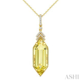 22X8 MM Evoque Gemstones Hexagon Shape Lemon Quartz and 1/10 Ctw Round Cut Diamond Semi-Precious Pendant With Chain in 14K Yellow Gold