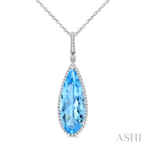 22X8 MM Evoque Gemstones Pear Shape Blue Topaz and 1/4 Ctw Round Cut Diamond Semi-Precious Pendant With Chain in 14K White Gold