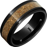 Black Diamond Ceramic™ Ring with Tan-Brown Dinosaur Bone Fossil Inlay and Flat Recessed Edges