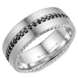 A contemporary brushed wedding band in white gold with rope detailing on the edges and 45 black diamonds.