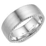 A contemporary brushed wedding band in white gold with rope detailing on the edges.