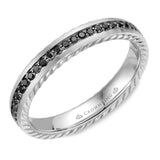 A wedding band in white gold with rope detailing on the edges and 51 black diamonds.