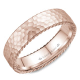 A wedding band in rose gold with a hammered finish and rope detailing.