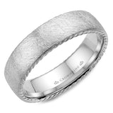 A wedding band with a textured finish and rope detailing.