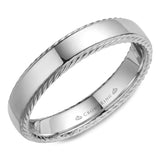 A wedding band in white gold with a polished finish and rope detailing.