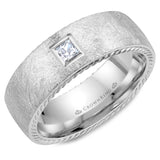 A white gold wedding band with a square cut diamond, rope edges and diamond brushed finish.