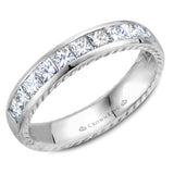 A wedding band with 10 princess cut diamonds and rope detailing on the sides.