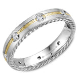 A wedding band in white gold with rope detaining on the sides, a yellow gold center and 8 round diamonds.