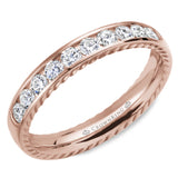 A wedding band in rose gold featuring 10 round diamonds and rope detailing on the sides.