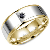 A yellow gold men's wedding band with a white gold center and a black diamond.