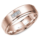 A wedding band in rose gold with brushed center and three diamonds in a prong setting.