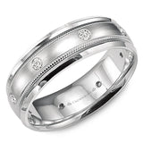 A white gold wedding band with a brushed center, milgrain detailing and six round diamonds.