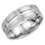 A brushed wedding band featuring three round diamonds.
