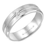 A brushed white gold wedding band with a round diamond.