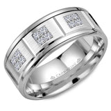 A white gold wedding band with 12 diamonds and line detailing.